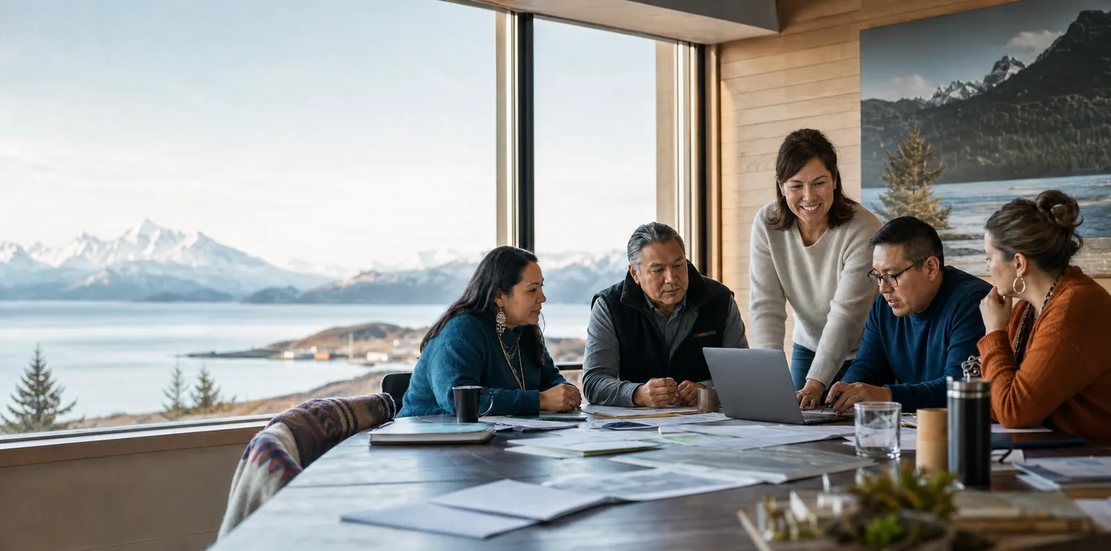 Yvonne Cingarkaq Jackson helping Alaska community leaders review documents in a meeting room with mountain views