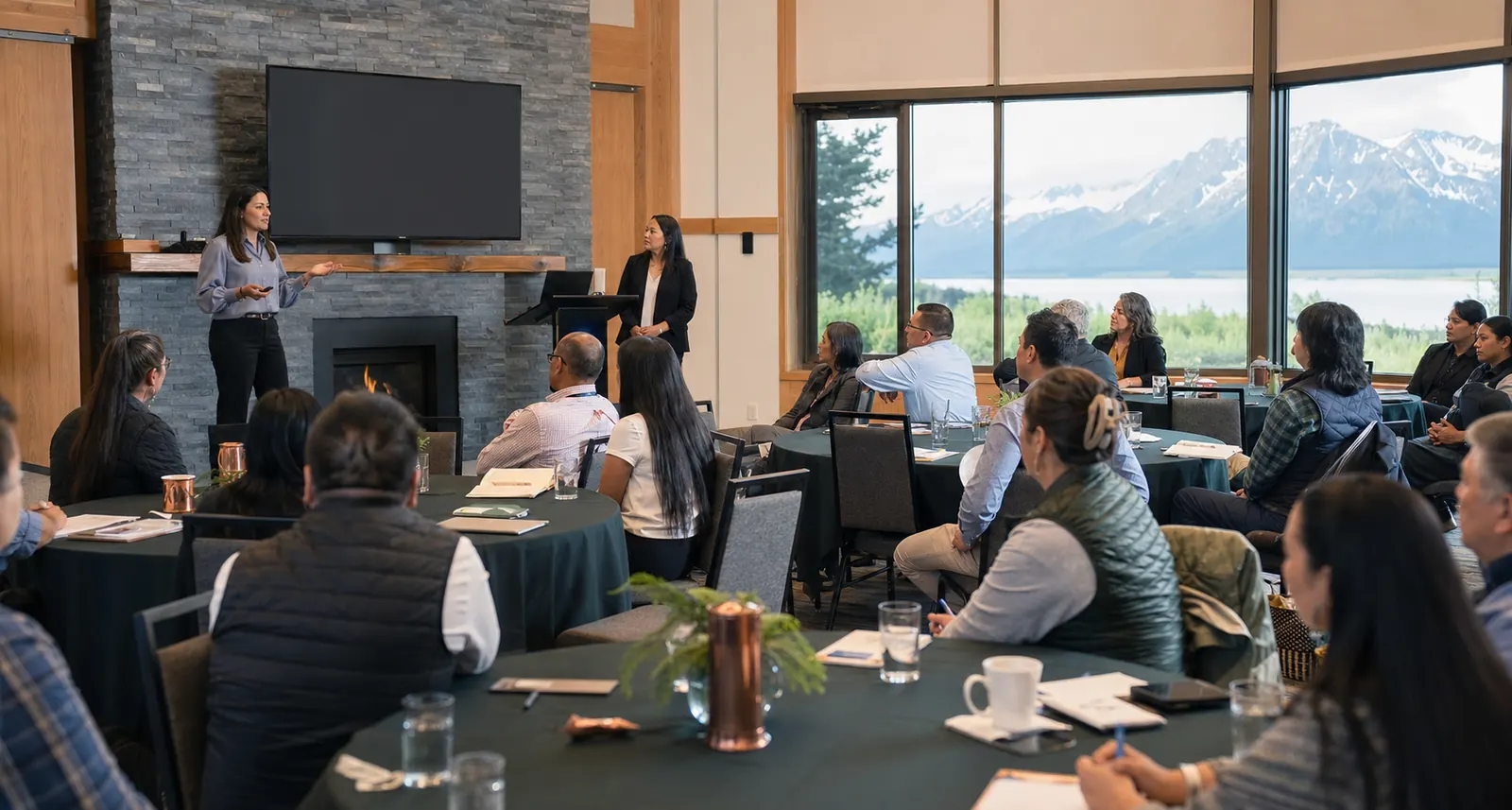 Alaska leadership gathering with presenters and organizational leaders seated at round tables