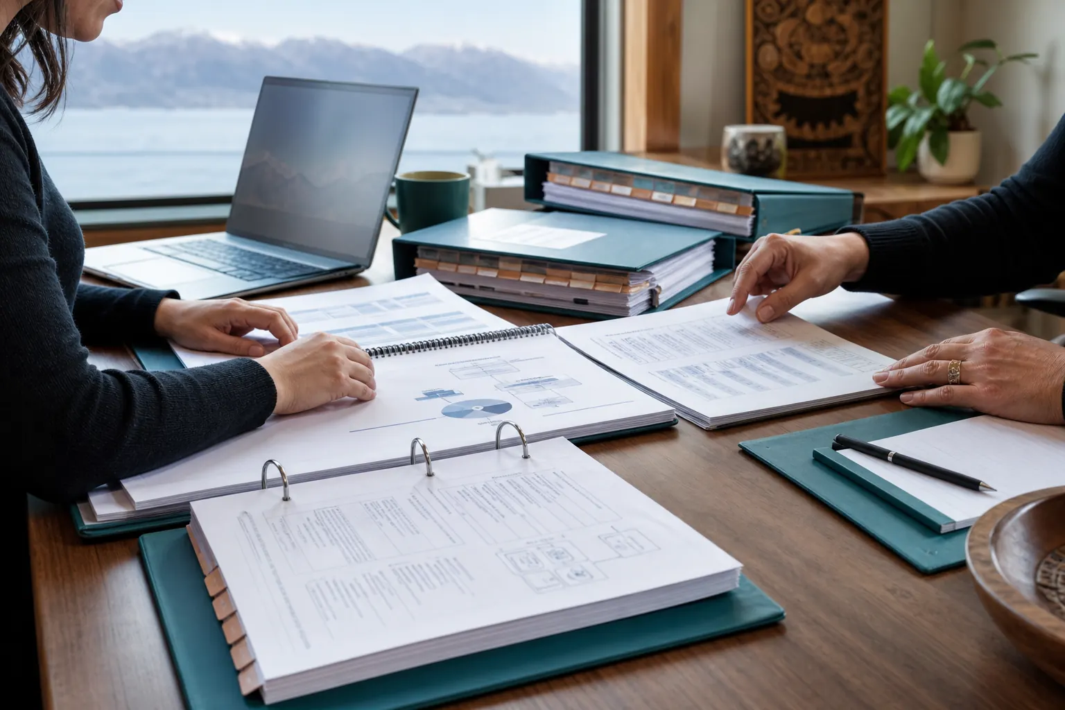 Consulting table with organized policy binders, forms, and system documents